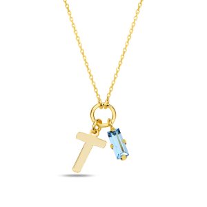 SPES MAVİ GOLD SWAROVSKI T HARF KOLYE