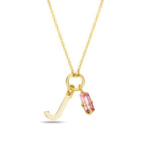SPES PEMBE GOLD SWAROVSKI J HARF KOLYE - Görsel 1