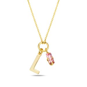 SPES PEMBE GOLD SWAROVSKI L HARF KOLYE - Görsel 1