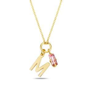 SPES PEMBE GOLD SWAROVSKI M HARF KOLYE - Görsel 1
