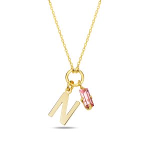 SPES PEMBE GOLD SWAROVSKI N HARF KOLYE - Görsel 1
