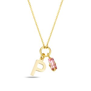 SPES PEMBE GOLD SWAROVSKI P HARF KOLYE - Görsel 1