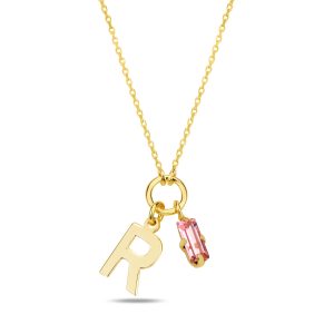 SPES PEMBE GOLD SWAROVSKI R HARF KOLYE - Görsel 1