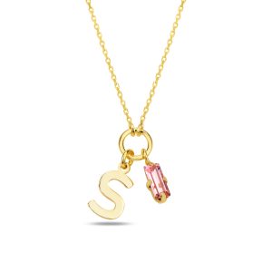 SPES PEMBE GOLD SWAROVSKI S HARF KOLYE - Görsel 1