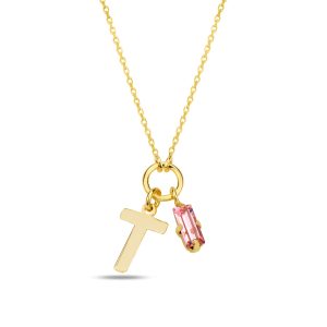 SPES PEMBE GOLD SWAROVSKI T HARF KOLYE - Görsel 1