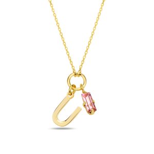 SPES PEMBE GOLD SWAROVSKI U HARF KOLYE - Görsel 1