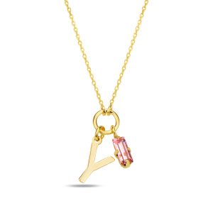 SPES PEMBE GOLD SWAROVSKI Y HARF KOLYE - Görsel 1