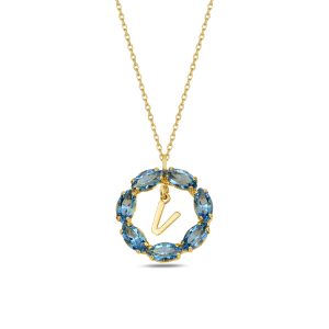 NEPTUN MAVİ GOLD SWAROVSKI V HARF KOLYE - Görsel 1