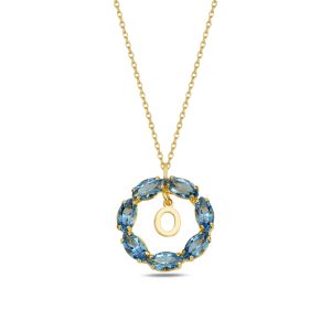 NEPTUN MAVİ GOLD SWAROVSKI O HARF KOLYE - Görsel 1