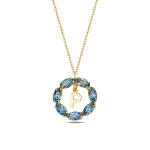 NEPTUN MAVİ GOLD SWAROVSKI P HARF KOLYE - Görsel 1