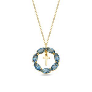NEPTUN MAVİ GOLD SWAROVSKI T HARF KOLYE - Görsel 1