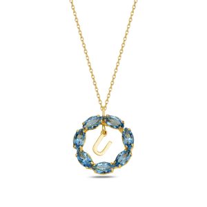 NEPTUN MAVİ GOLD SWAROVSKI U HARF KOLYE - Görsel 1