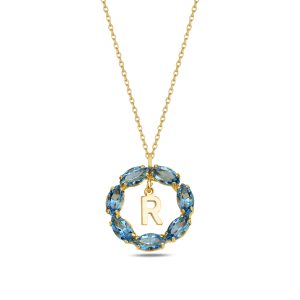 NEPTUN MAVİ GOLD SWAROVSKI R HARF KOLYE - Görsel 1