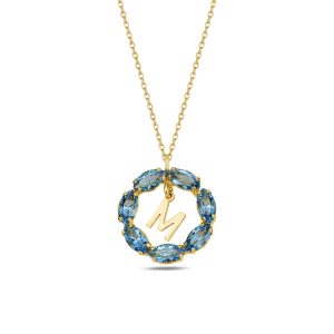 NEPTUN MAVİ GOLD SWAROVSKI M HARF KOLYE - Görsel 1