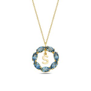 NEPTUN MAVİ GOLD SWAROVSKI S HARF KOLYE - Görsel 1