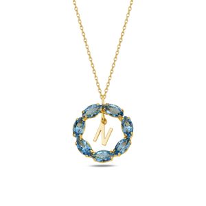 NEPTUN MAVİ GOLD SWAROVSKI N HARF KOLYE - Görsel 1
