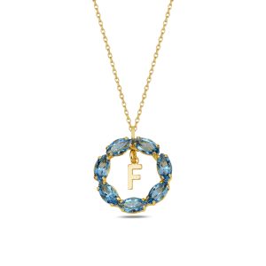 NEPTUN MAVİ GOLD SWAROVSKI F HARF KOLYE - Görsel 1