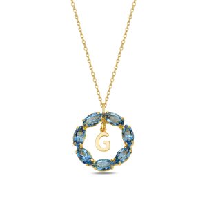 NEPTUN MAVİ GOLD SWAROVSKI G HARF KOLYE - Görsel 1