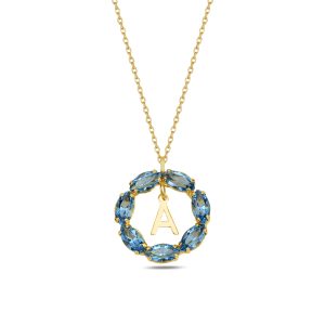 NEPTUN MAVİ GOLD SWAROVSKI A HARF KOLYE