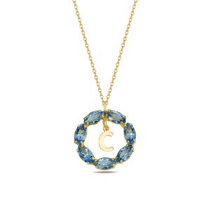 NEPTUN MAVİ GOLD SWAROVSKI C HARF KOLYE - Görsel 1
