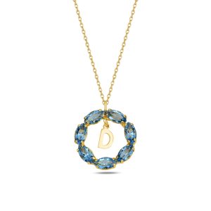 NEPTUN MAVİ GOLD SWAROVSKI D HARF KOLYE - Görsel 1