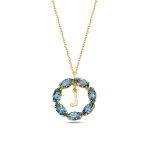 NEPTUN MAVİ GOLD SWAROVSKI J HARF KOLYE - Görsel 1