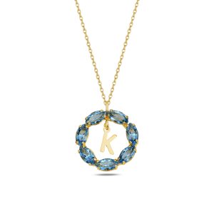 NEPTUN MAVİ GOLD SWAROVSKI K HARF KOLYE
