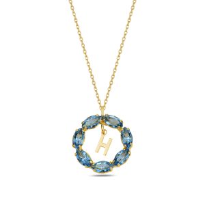 NEPTUN MAVİ GOLD SWAROVSKI H HARF KOLYE - Görsel 1
