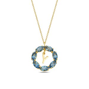 NEPTUN MAVİ GOLD SWAROVSKI Y HARF KOLYE - Görsel 1