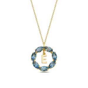 NEPTUN MAVİ GOLD SWAROVSKI E HARF KOLYE - Görsel 1